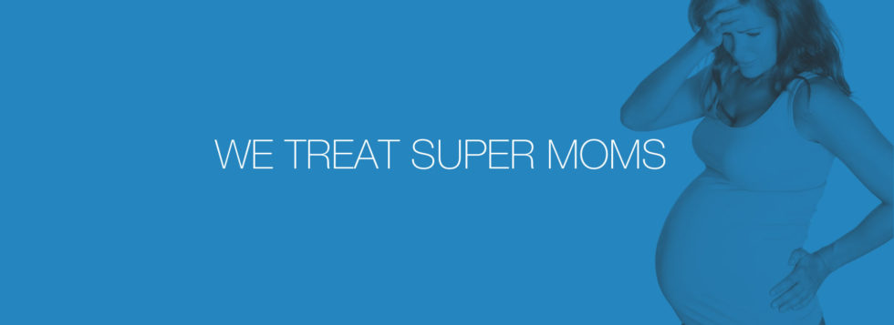A blue background with the words treat super mom written in white.